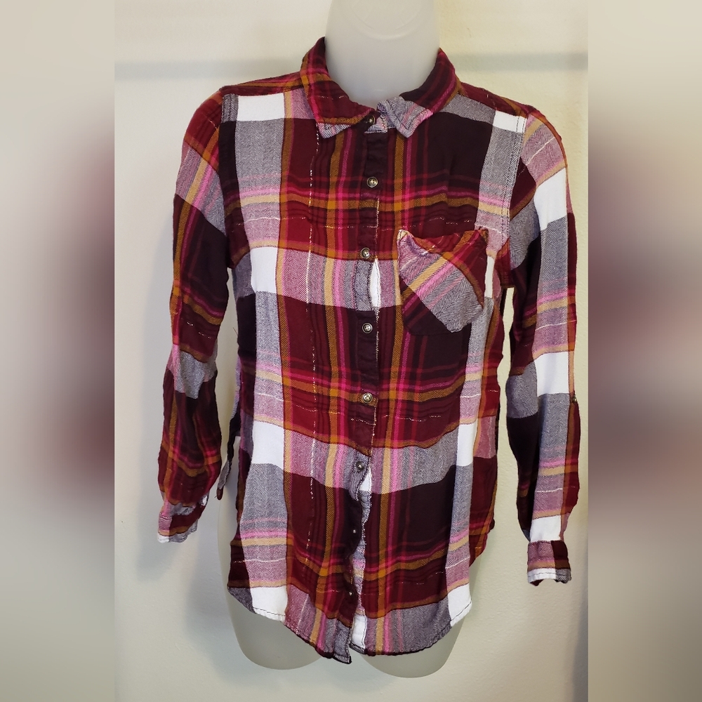 Maurices Pink White Black Plaid Long Sleeve Button Up Shirt